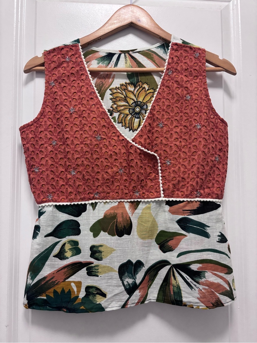 Crochet-Trim Rust & Floral V-Neck Tank Top